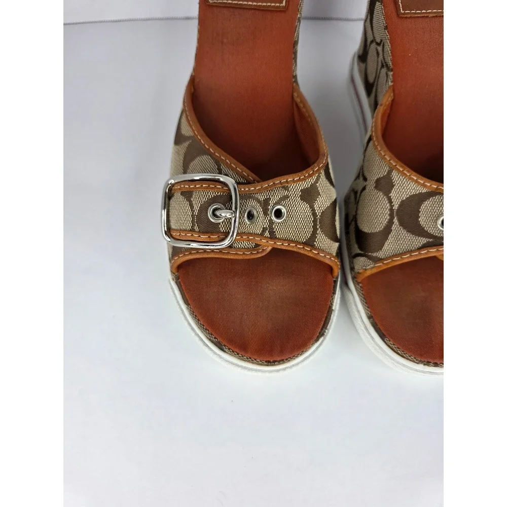 Coach Alyssa Wedge Sandals Womens 8.5 B Brown Canvas Monogram Buckle C Logo